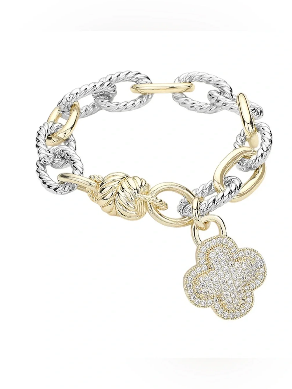 14K Gold Plated Two Tone CZ Stone Paved Quatrefoil Charm Magnetic Bracelet